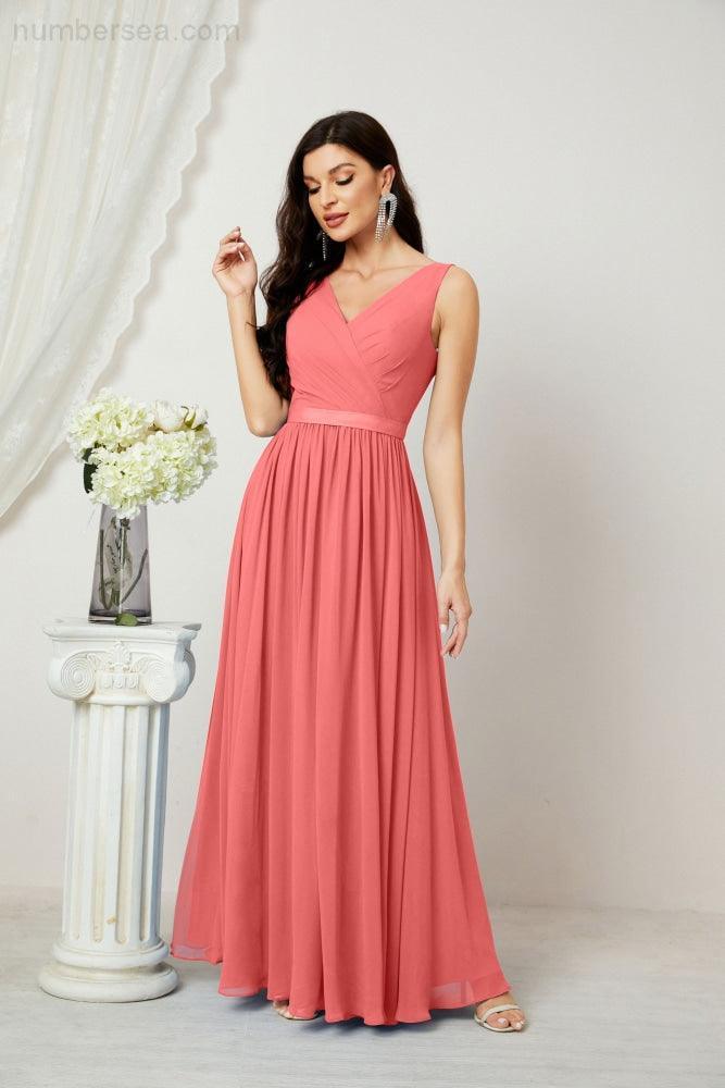 Abiti lunghi da damigella in chiffon da donna, linea a, senza maniche, abito formale da ballo per serata, abiti per festa di ritorno a casa 2808