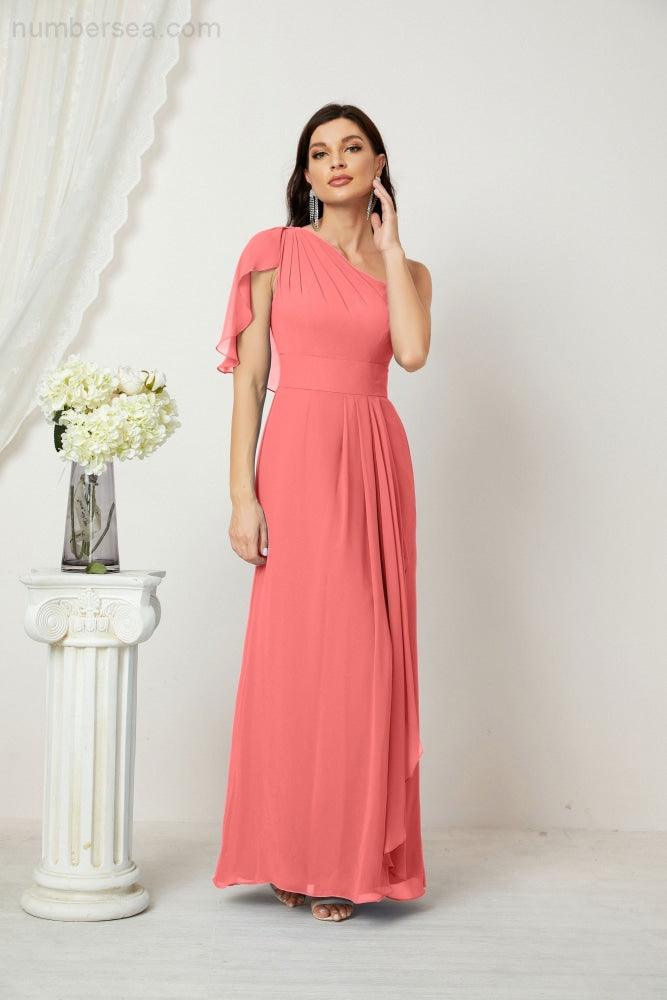 Chiffon Ruffled One Shoulder Long Bridesmaid Dresses A-line Formal Evening Gown Side Split 2809