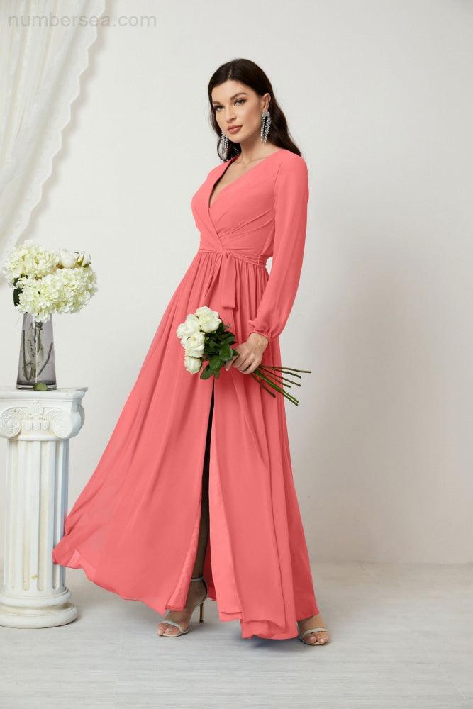 Evening Dresses Deep V-Neck Chiffon Bridesmaid Dresses Long Bishop Sleeve Side Split Formal Dress 2806