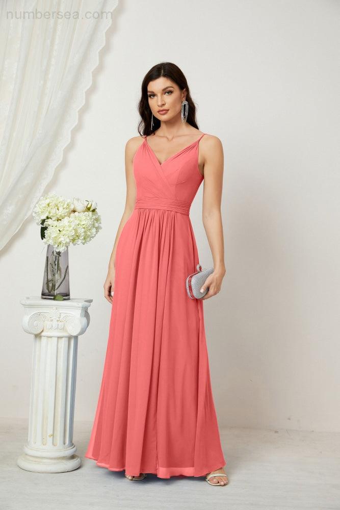 Chiffon V-Neck Bridesmaid Dress Spaghetti Strap Long Formal Party Prom Gowns with Slit 28010