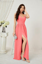 Neck Bridesmaid Dresses Chiffon Long Spaghetti A-line Formal Prom Gown for Wedding Party Evening 2801