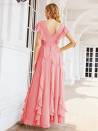 Ruffled Bridesmaid Dresses with Sleeves Long Formal Party Dress 28041