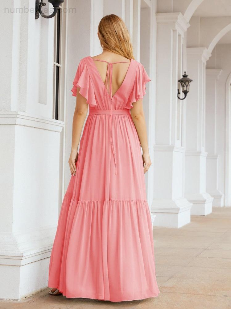 Abiti da sera formali da donna Numbersea con schiena scoperta, scollo a V, lunghi in chiffon, abiti da damigella con cintura in vita 28038