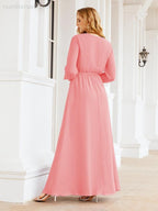 Vestito da damigella d'onore in chiffon da donna Numbersea, linea a trapezio, maniche lunghe, abito lungo formale da sera per ospite di matrimonio 28032