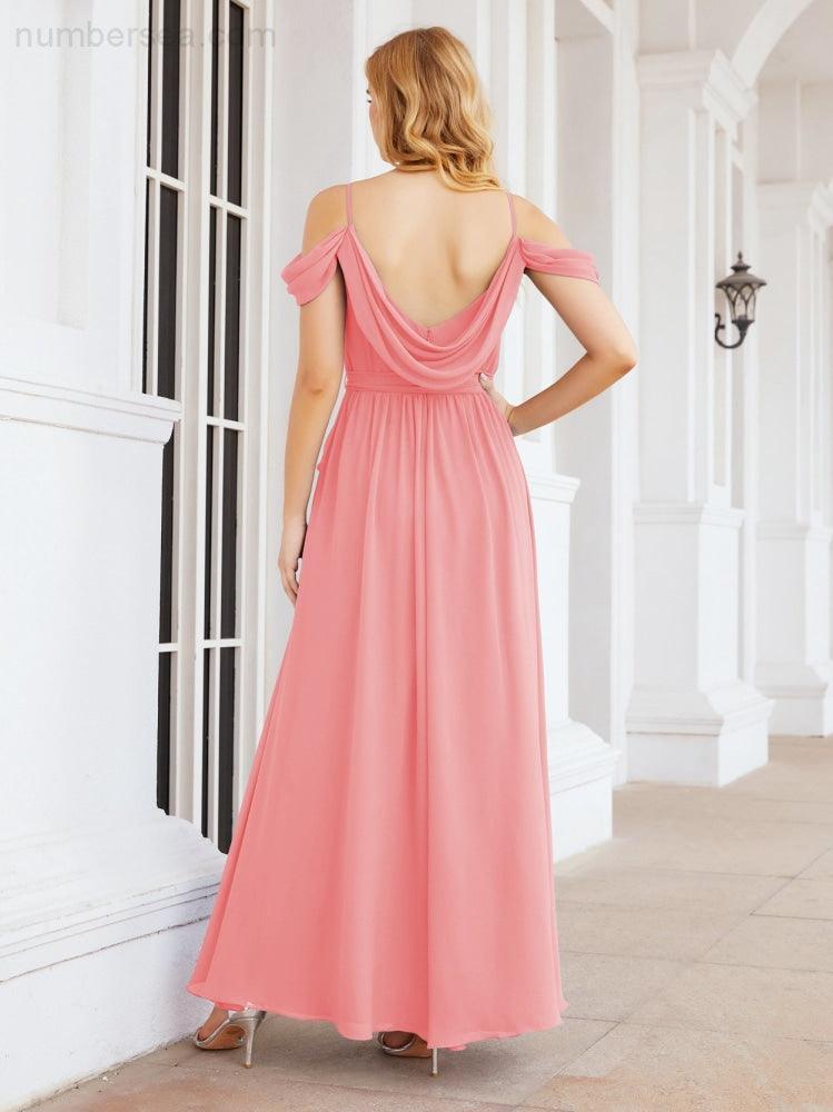Numbersea Abito da Damigella in Chiffon con Spalle Scoperte, Abito Lungo Formale per Laurea con Schiena a Mantella 28069