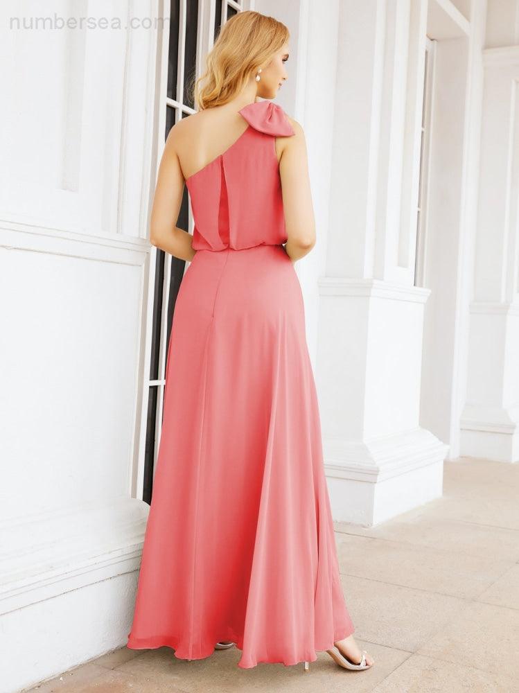Chiffon Ruffled One Shoulder Sleeveless Long Bride Dresses A-line Formal Evening Gown Side Split 28057