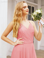 Halter Chiffon Bridesmaid Dresses Wedding Appare Sleeveless Formal Prom Dress with Ruffled Back 28035