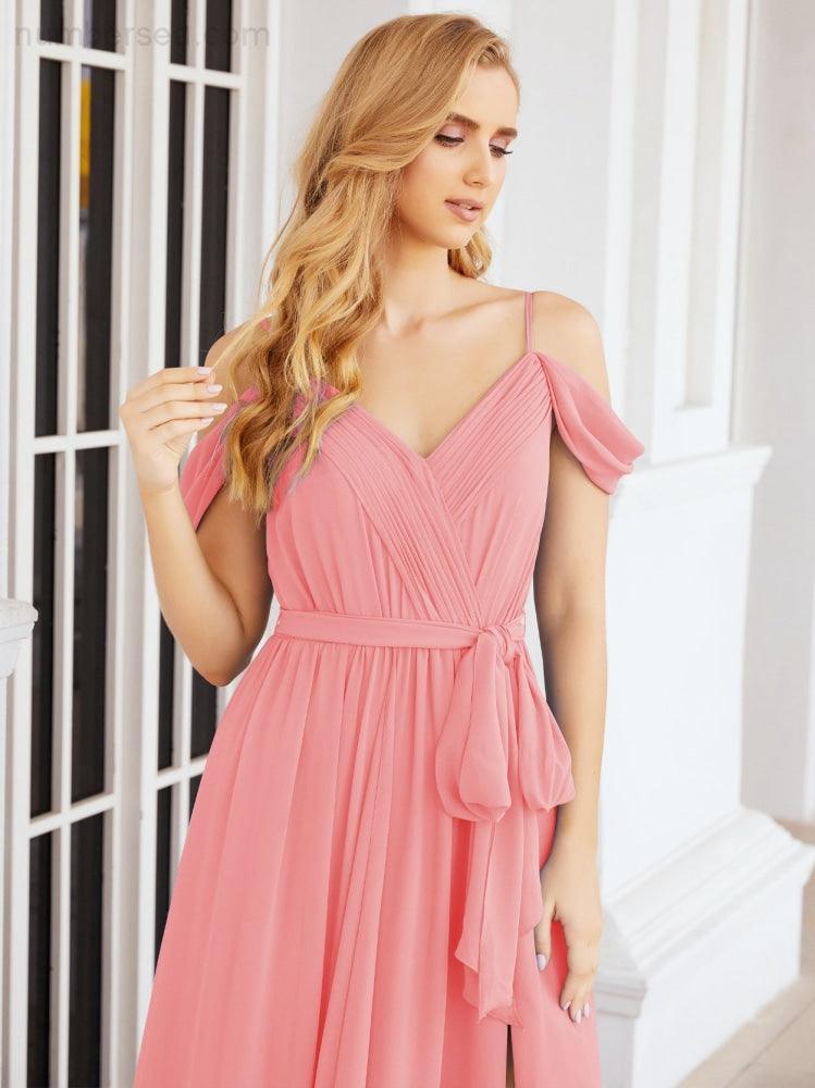 Numbersea Abito da Damigella in Chiffon con Spalle Scoperte, Abito Lungo Formale per Laurea con Schiena a Mantella 28069