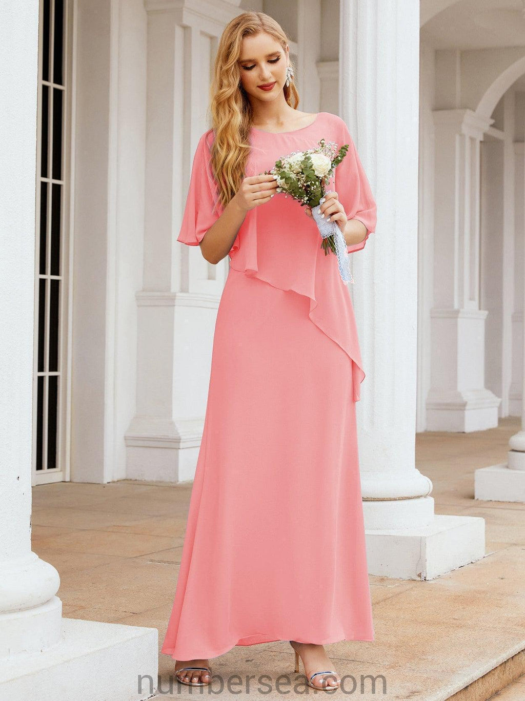 Numbersea Festliches Abendkleid Lang Mutter der Braut Kleid mit Rüschencape 28026