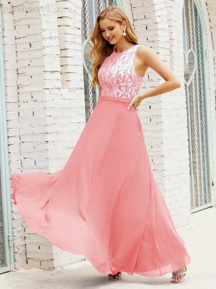 Vestido de Dama de Honra em Renda Comprimento ao Chão Vestidos de Noite com Bolsos 28017