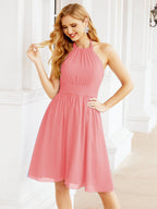 Halter Chiffon Bridesmaid Dresses Short Sleeveless Formal Party Dress Open Back 28023