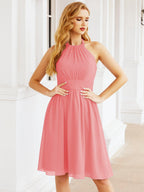 Halter Chiffon Bridesmaid Dresses Short Sleeveless Formal Party Dress Open Back 28023