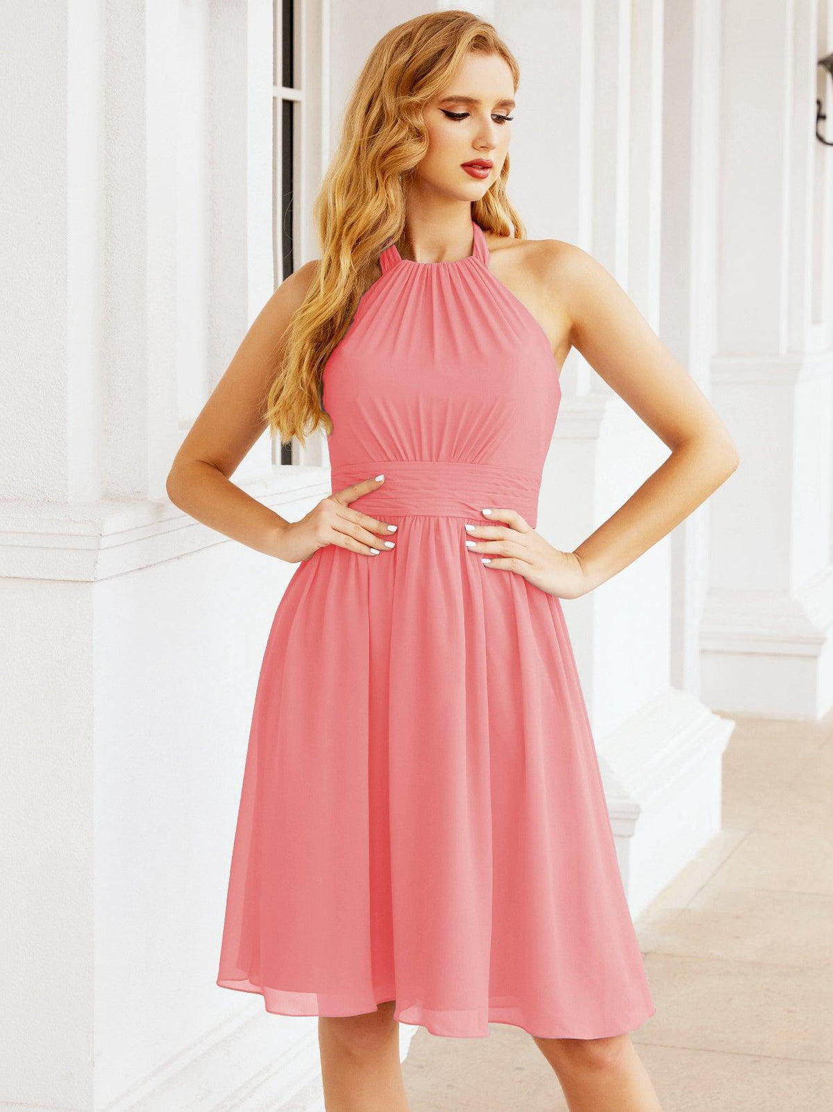 Halter Chiffon Bridesmaid Dresses Short Sleeveless Formal Party Dress Open Back 28023
