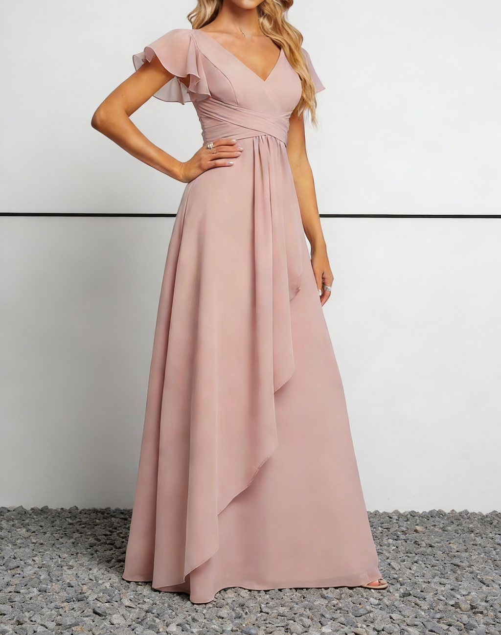 Dusty Rose Chiffon V-Neck Maxi Dress with Flutter Sleeves & Ruched Bodice