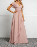 Dusty Rose Chiffon V-Neck Maxi Dress with Flutter Sleeves & Ruched Bodice