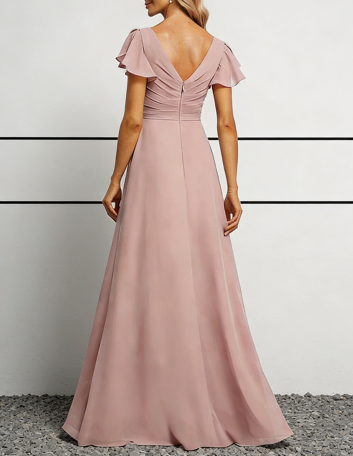 Dusty Rose Chiffon V-Neck Maxi Dress with Flutter Sleeves & Ruched Bodice