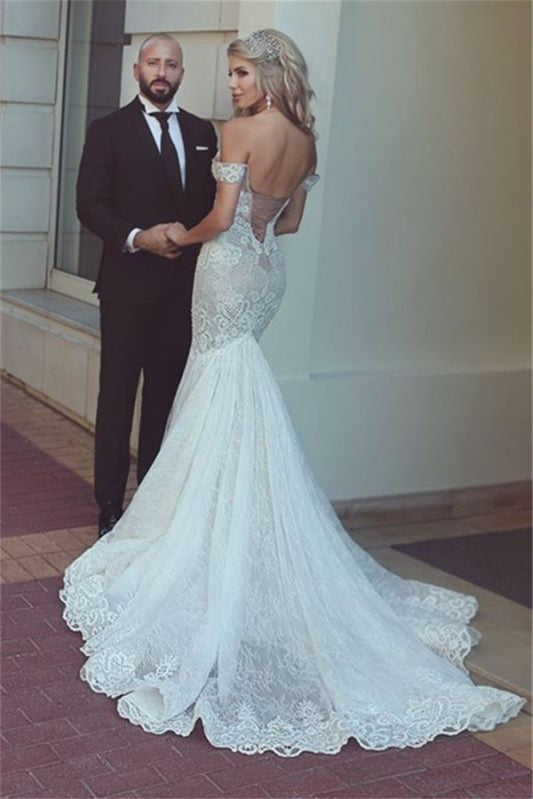 Off The Shoulder Mermaid Lace Wedding Dress With Lace Up Back Sweetheart Neckline