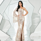 Elegant Sexy Long Sequined Long Sleeve Diagonal Collar Backless Cocktail Evening Dress Bridesmaid Dress Women