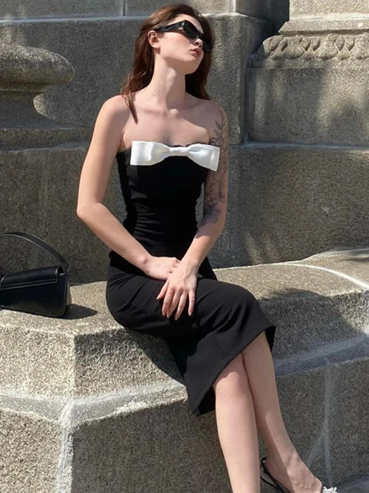 Vestido Longo Preto com Laço de Emenda TARUXY para Mulheres, Decote Ombro a Fora, Fenda Sexy, Ajustado ao Corpo, Elegante para Casamento, Festa ou Noite