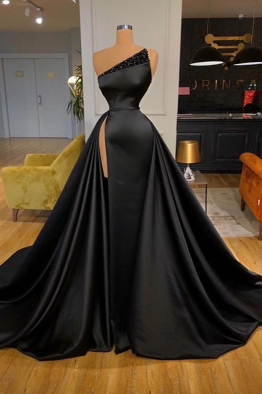 Robe de bal longue noire sans bretelles avec fente avant et perles