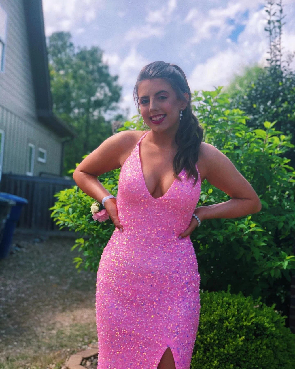 Robe de bal rose à encolure licorne avec paillettes, robe de soirée sexy avec fente latérale Y268