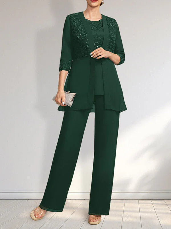 Tuta/Pantaloni Separati con Scollo a U, Lunghezza a Terra, in Chiffon e Pizzo, Abito per Madre della Sposa con Paillettes