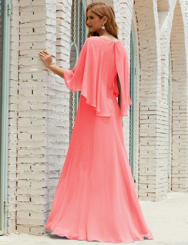 Bridesmaid Dress Women Long Sleeve V-Neck Chiffon Formal Wedding Party Dress 28018
