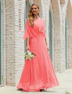 Bridesmaid Dress Women Long Sleeve V-Neck Chiffon Formal Wedding Party Dress 28018