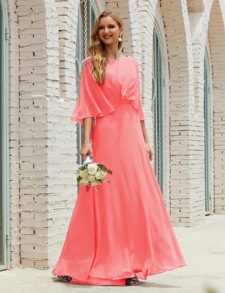 Bridesmaid Dress Women Long Sleeve V-Neck Chiffon Formal Wedding Party Dress 28018