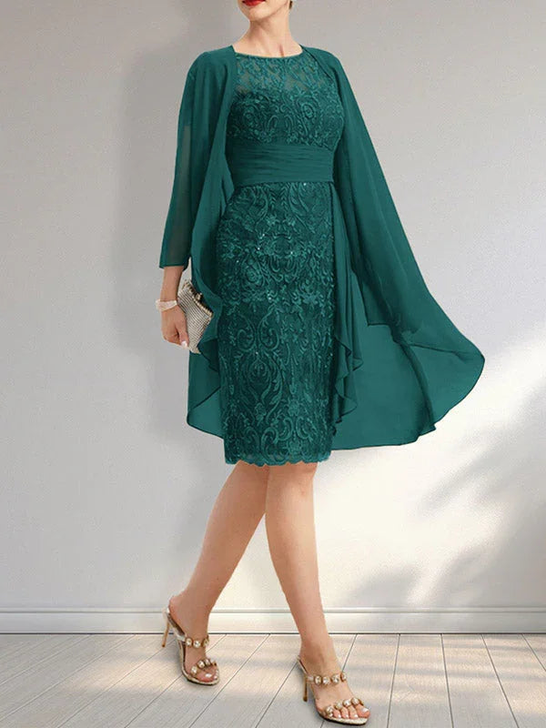 Etui-Schnitt Täuschung knielanges Spitzen-Chiffon Kleid der Brautmutter mit herabfließenden Rüschen und Pailletten