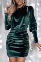 Abito Bodycon Verde Velluto con Maniche a Sbuffo e Drappeggio