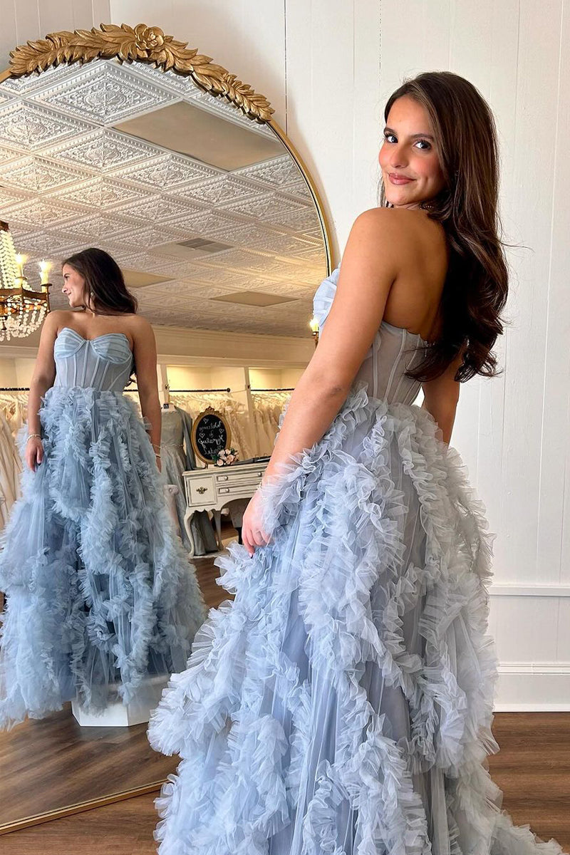 Strapless Ruffle Tulle A-Line Long Prom Dresses with Slit