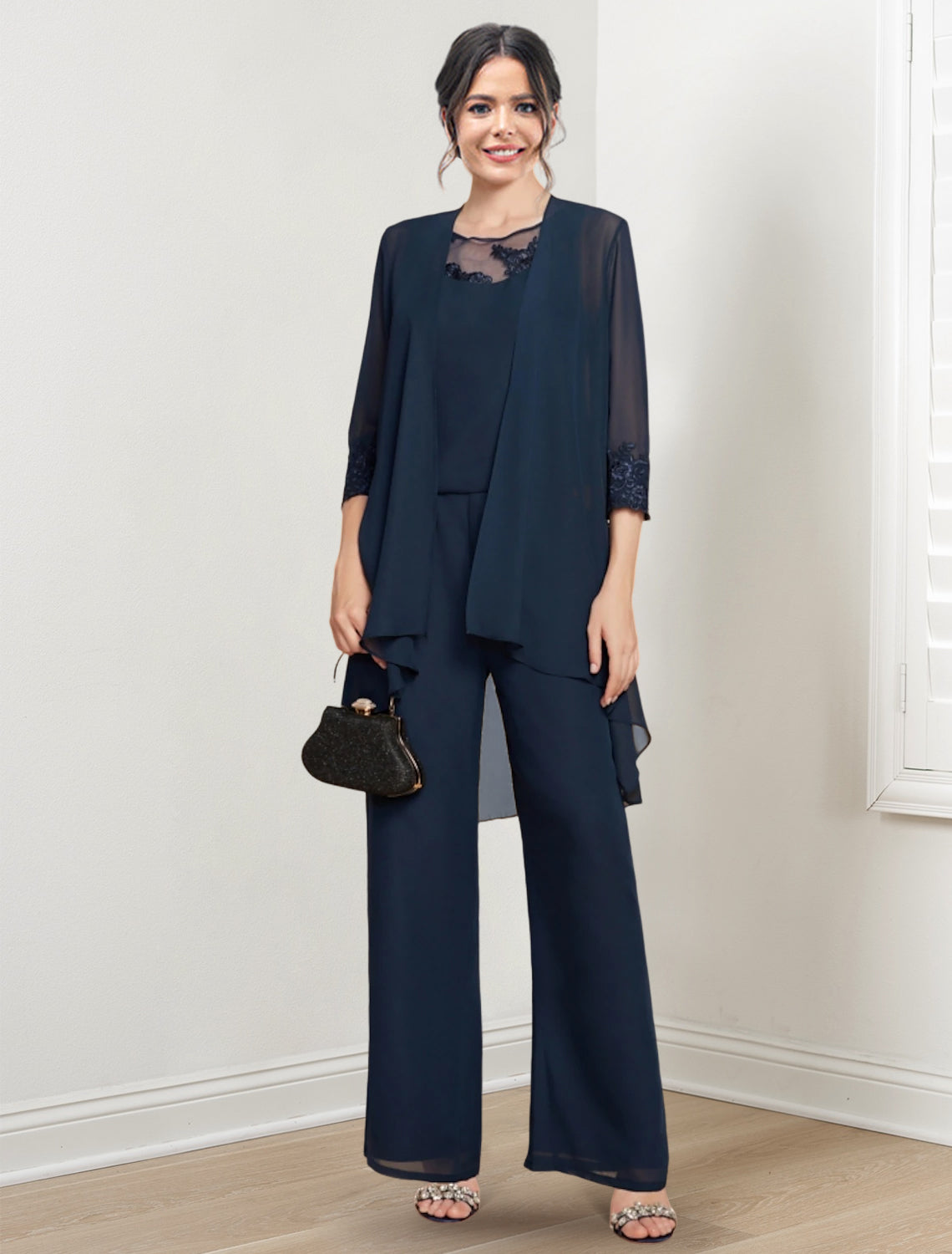 Mother Of The Bride Chiffon Pantsuit With Jacket Scoop Neck