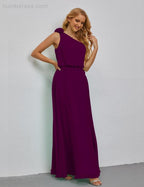 Ruffled One Shoulder Sleeveless Long Bridesmaid Dresses A-line Formal Evening Gown Side Split 28080