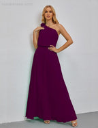Ruffled One Shoulder Sleeveless Long Bridesmaid Dresses A-line Formal Evening Gown Side Split 28080