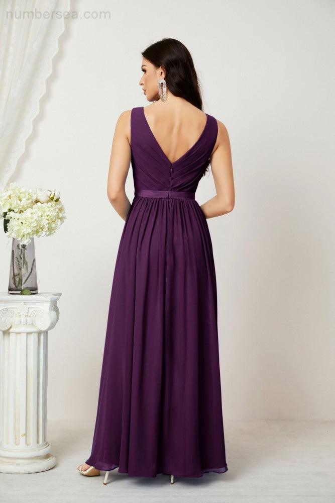 Abiti lunghi da damigella in chiffon da donna, linea a, senza maniche, abito formale da ballo per serata, abiti per festa di ritorno a casa 2808