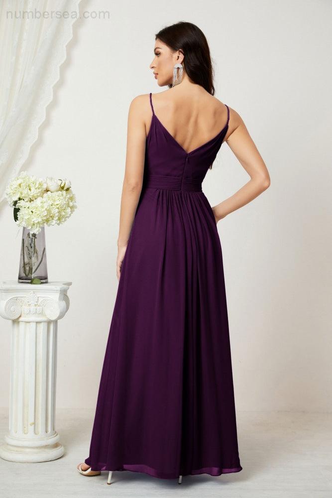 Chiffon V-Neck Bridesmaid Dress Spaghetti Strap Long Formal Party Prom Gowns with Slit 28010
