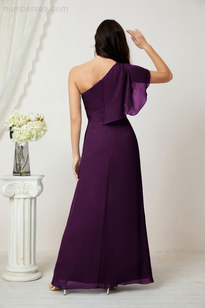 Chiffon Ruffled One Shoulder Long Bridesmaid Dresses A-line Formal Evening Gown Side Split 2809