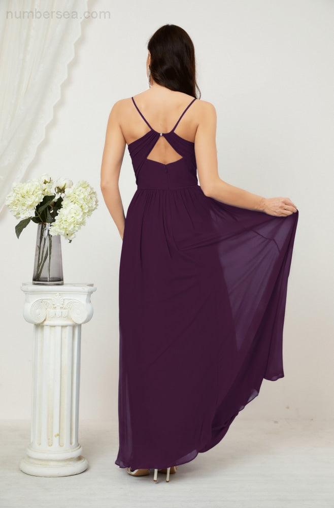Neck Bridesmaid Dresses Chiffon Long Spaghetti A-line Formal Prom Gown for Wedding Party Evening 2801