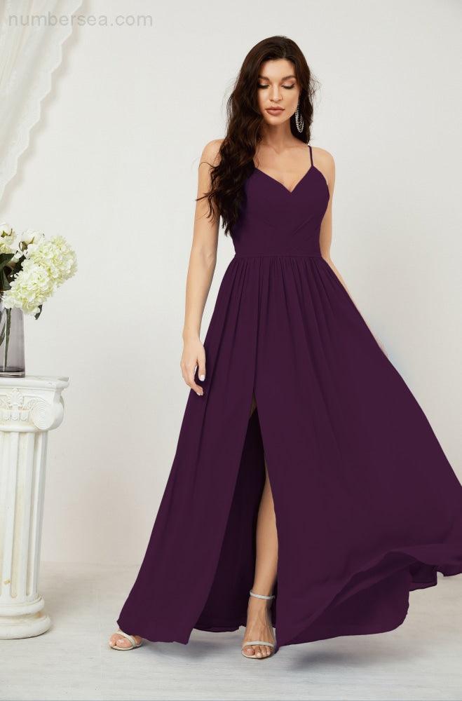Neck Bridesmaid Dresses Chiffon Long Spaghetti A-line Formal Prom Gown for Wedding Party Evening 2801
