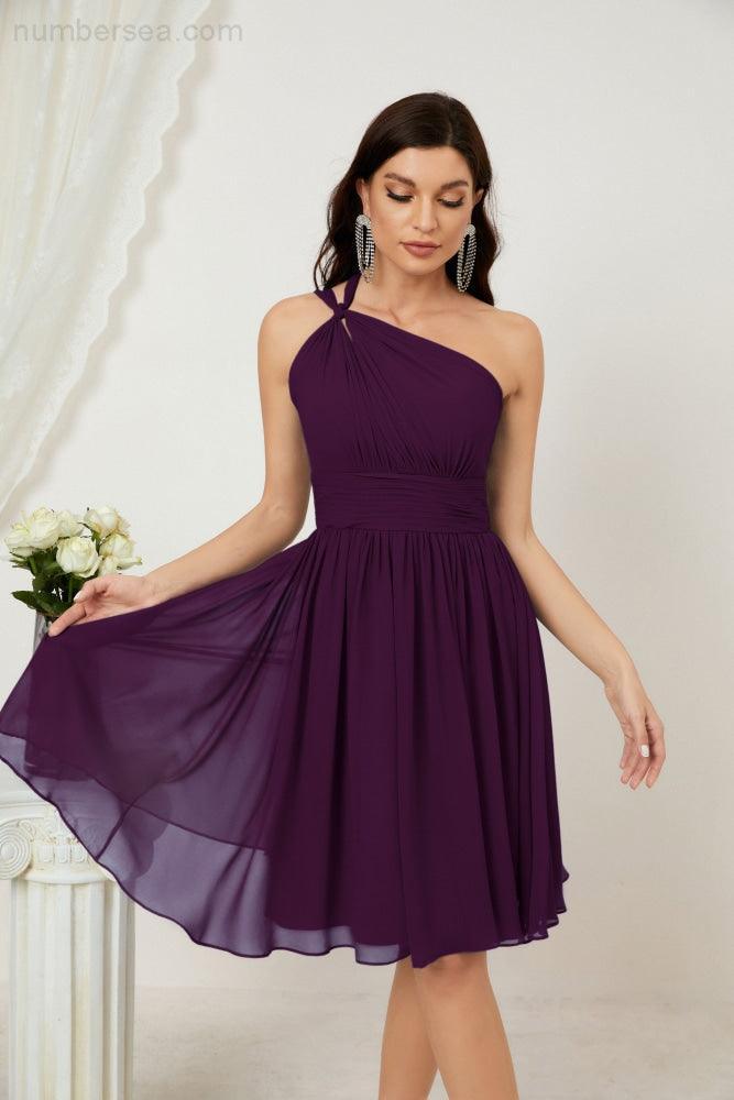 Women Chiffon Short One Shoulder Bridesmaid Dress Formal Dresses for Party Homecoming  2804