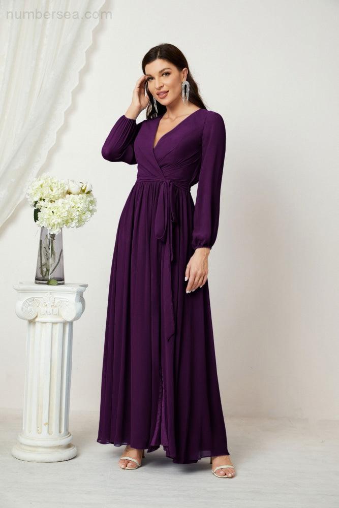 Evening Dresses Deep V-Neck Chiffon Bridesmaid Dresses Long Bishop Sleeve Side Split Formal Dress 2806