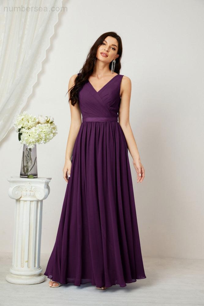 Abiti lunghi da damigella in chiffon da donna, linea a, senza maniche, abito formale da ballo per serata, abiti per festa di ritorno a casa 2808