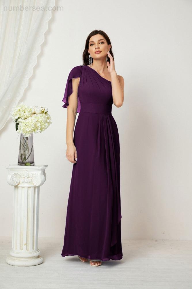 Chiffon Ruffled One Shoulder Long Bridesmaid Dresses A-line Formal Evening Gown Side Split 2809