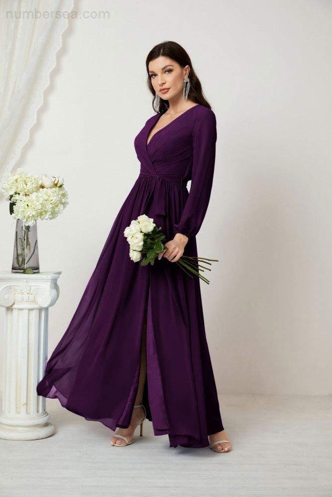 Evening Dresses Deep V-Neck Chiffon Bridesmaid Dresses Long Bishop Sleeve Side Split Formal Dress 2806