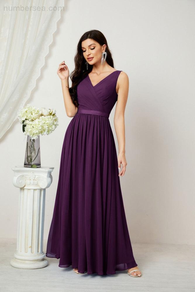 Abiti lunghi da damigella in chiffon da donna, linea a, senza maniche, abito formale da ballo per serata, abiti per festa di ritorno a casa 2808