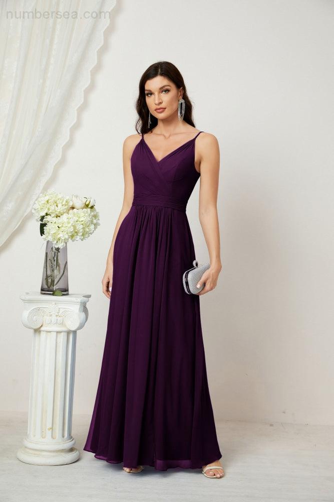 Chiffon V-Neck Bridesmaid Dress Spaghetti Strap Long Formal Party Prom Gowns with Slit 28010