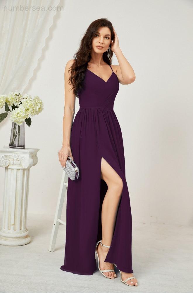Neck Bridesmaid Dresses Chiffon Long Spaghetti A-line Formal Prom Gown for Wedding Party Evening 2801