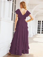 Ruffled Bridesmaid Dresses with Sleeves Long Formal Party Dress 28041