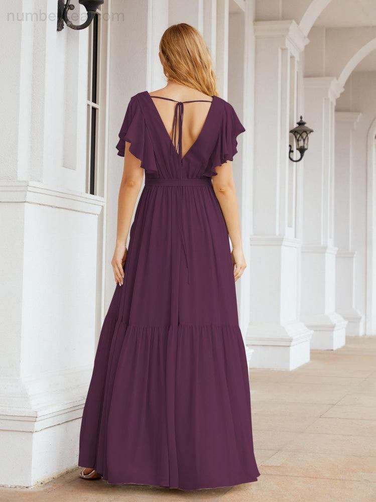 Abiti da sera formali da donna Numbersea con schiena scoperta, scollo a V, lunghi in chiffon, abiti da damigella con cintura in vita 28038